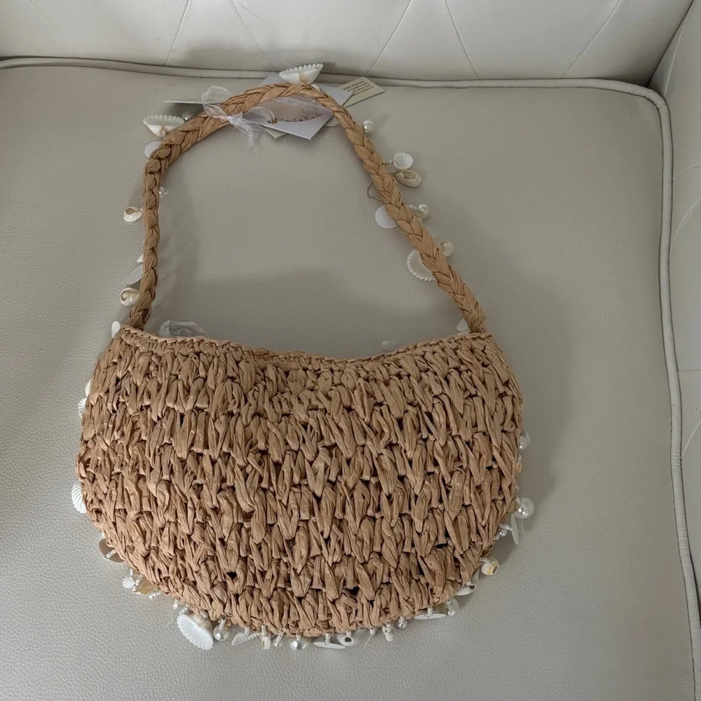 Beige Woven Shoulder Bag with Shell Accents